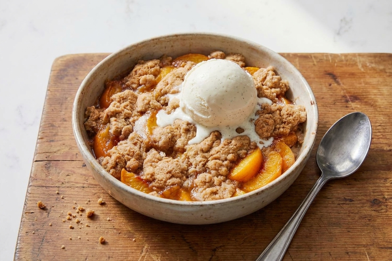 A warm serving of peach cobbler in a bowl topped with a scoop of vanilla ice cream, with a spoon resting beside it on a wooden table