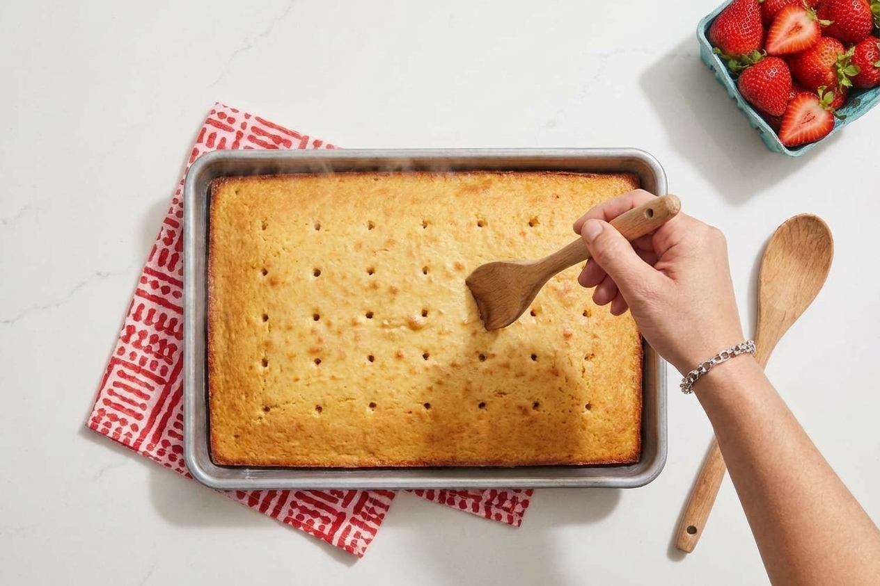 A warm sheet cake in a 9x13 pan being poked with the handle of a wooden spoon to create evenly spaced holes