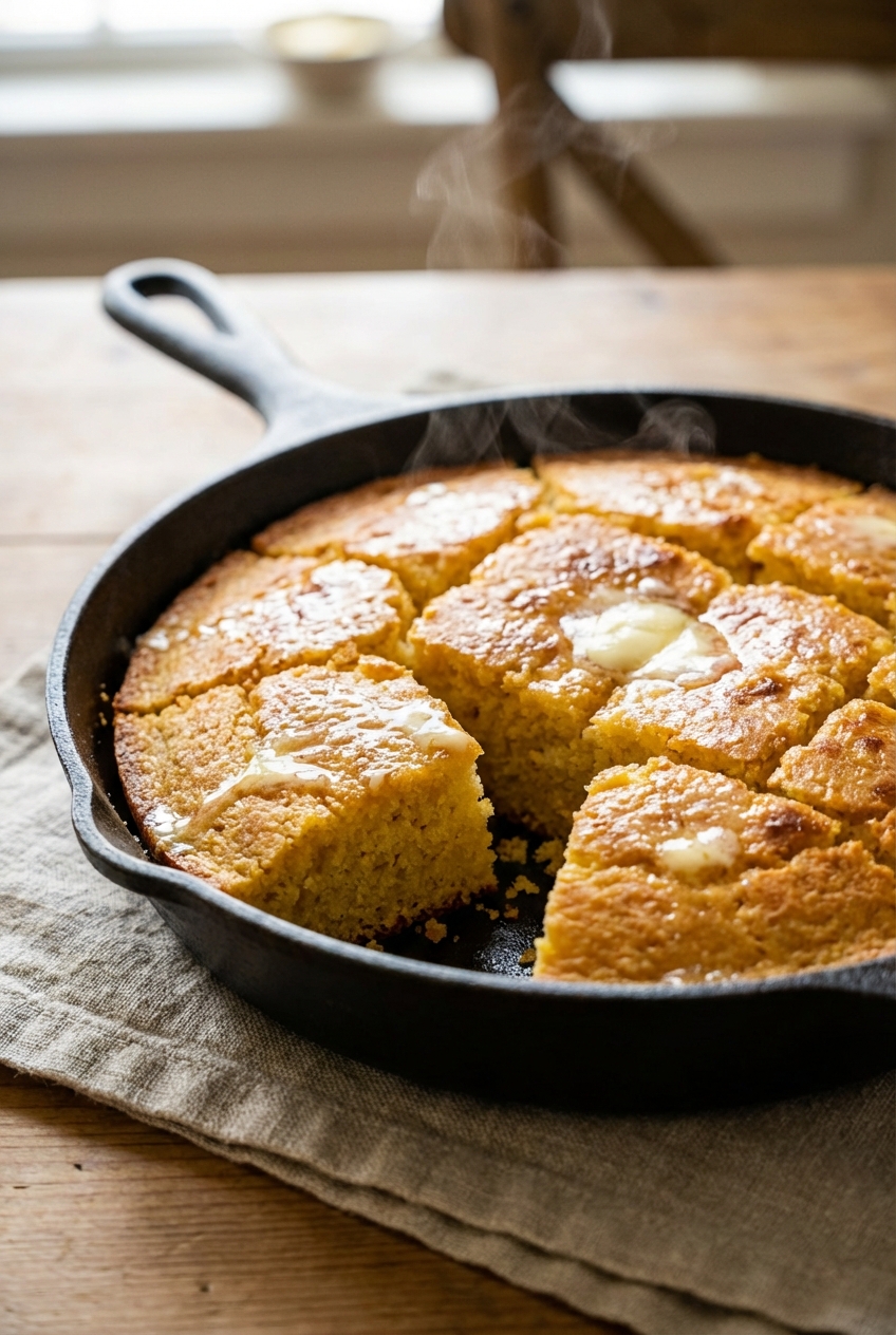 A warm skillet of buttered cornbread squares on a linen napkin
