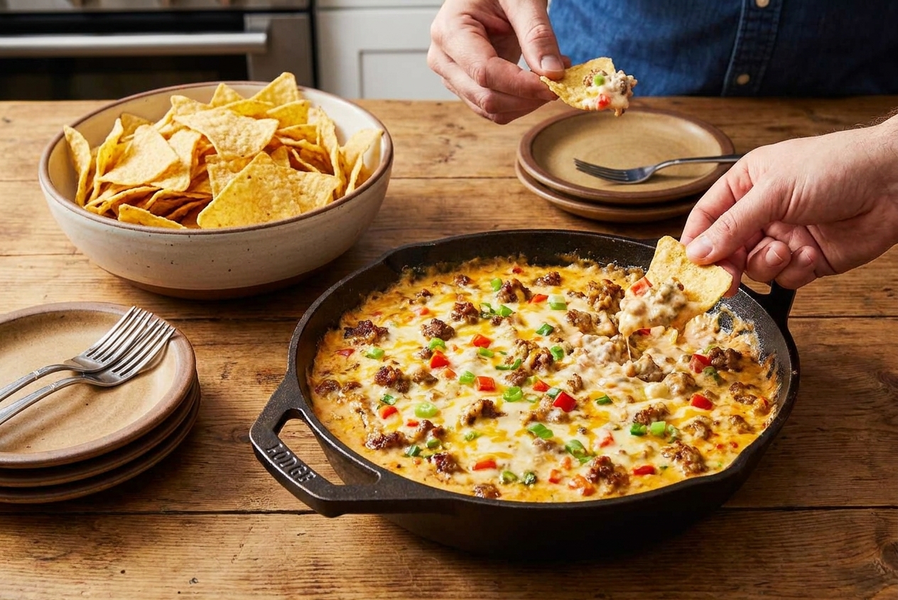 A warm skillet of creamy sausage dip on a table with tortilla chips and small plates set for sharing