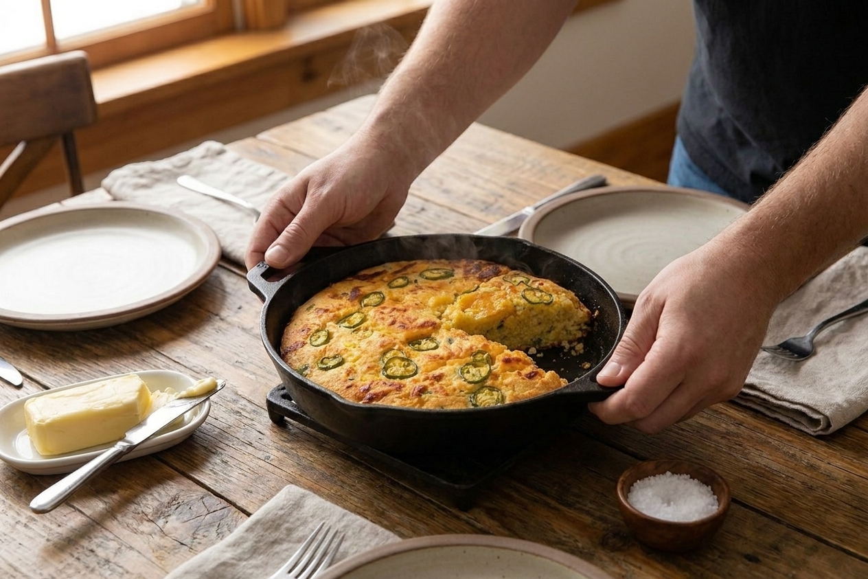 A warm skillet of jalapeño cheddar cornbread being set on a simple family dinner table with plates and butter nearby