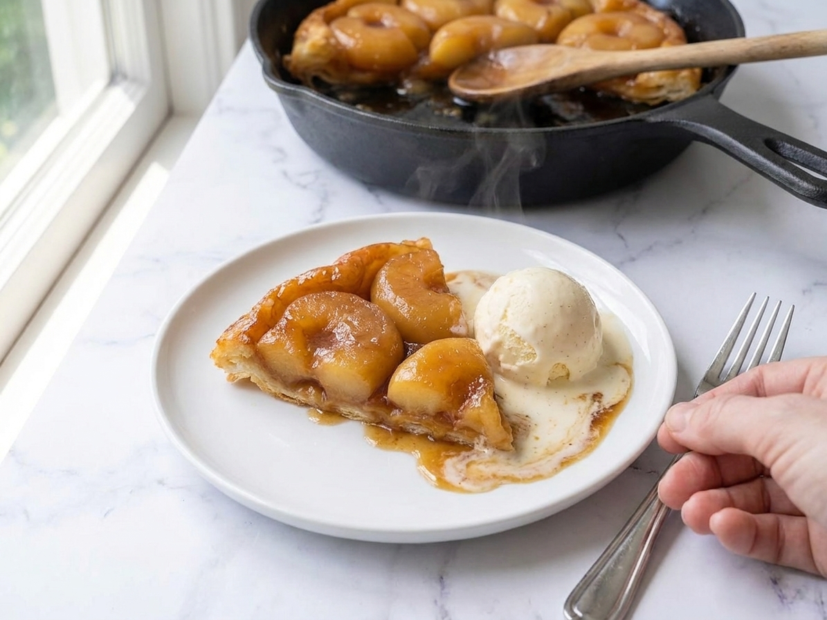 A warm slice of apple tarte Tatin on a dessert plate with a scoop of vanilla ice cream melting slightly on the side