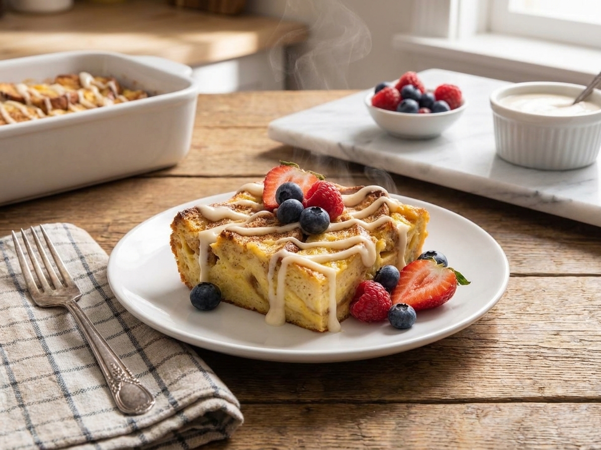 A warm slice of baked French toast casserole on a plate with cream cheese drizzle and a few berries