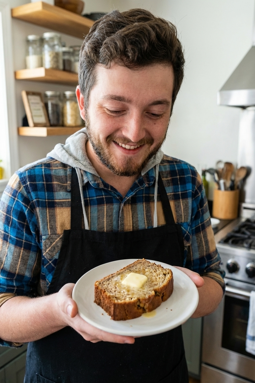 A warm slice of banana bread with butter melting on top on a small plate