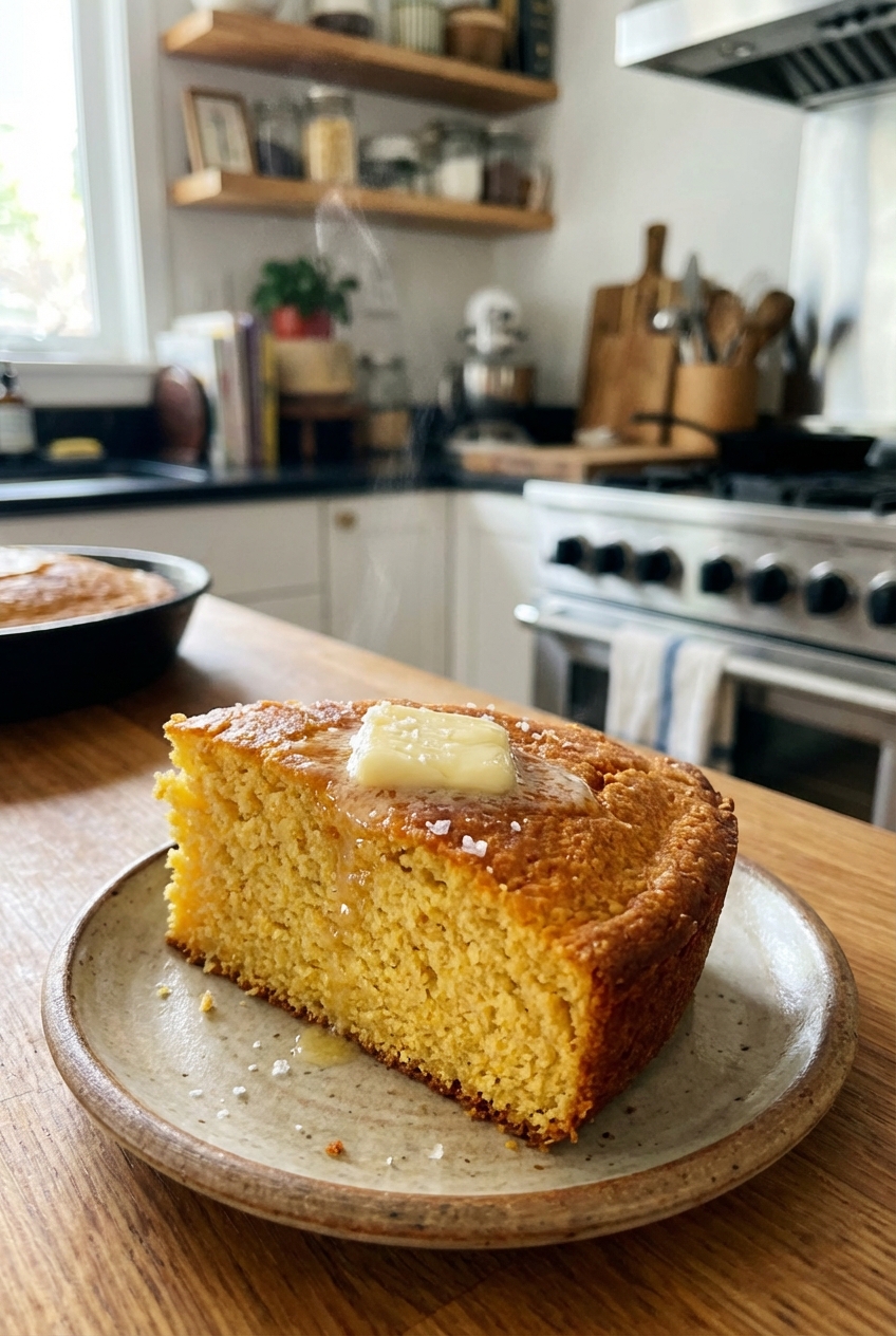 A warm slice of buttered cornbread on a small plate
