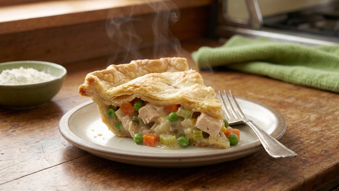 A warm slice of chicken pot pie on a plate with flaky crust layers and creamy chicken and peas visible in the filling