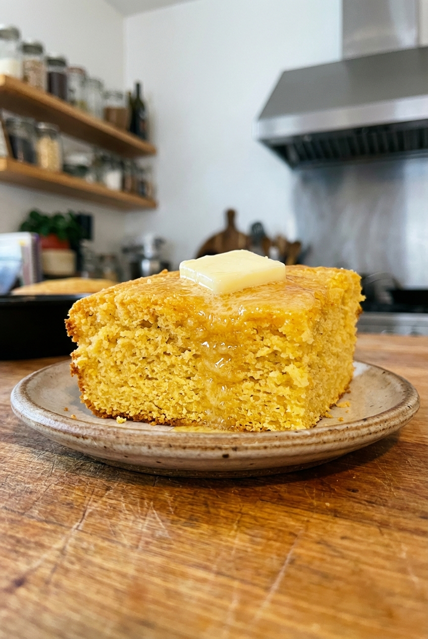 A warm slice of cornbread with a pat of butter melting on top on a small plate