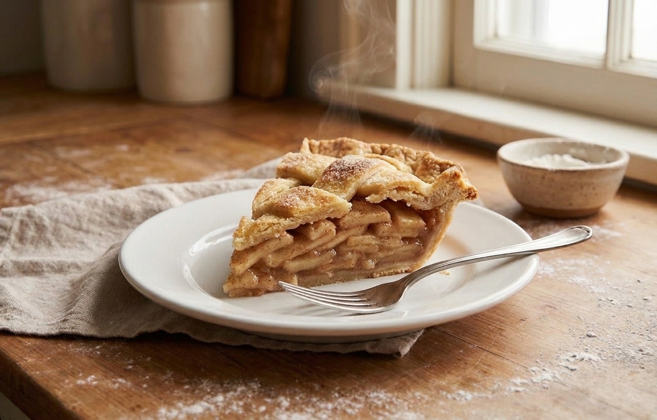 A warm slice of double-crust apple pie on a white plate with a fork, showing tender apple layers and flaky crust