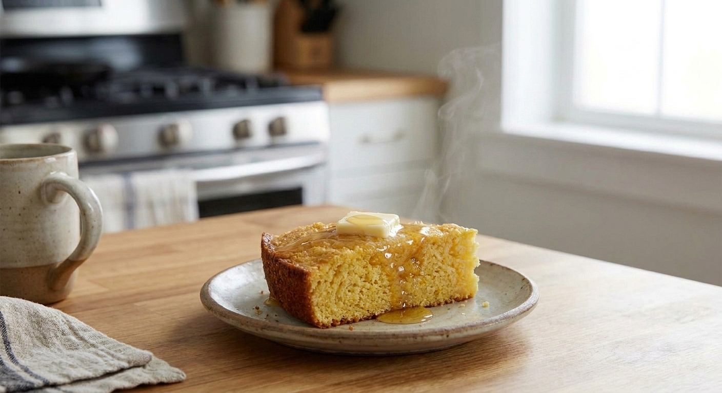 A warm slice of honey cornbread on a small plate with a pat of butter melting on top and a light drizzle of honey, set on a simple table setting