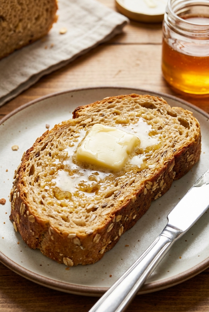A warm slice of honey oat bread on a plate with butter melting into the crumb