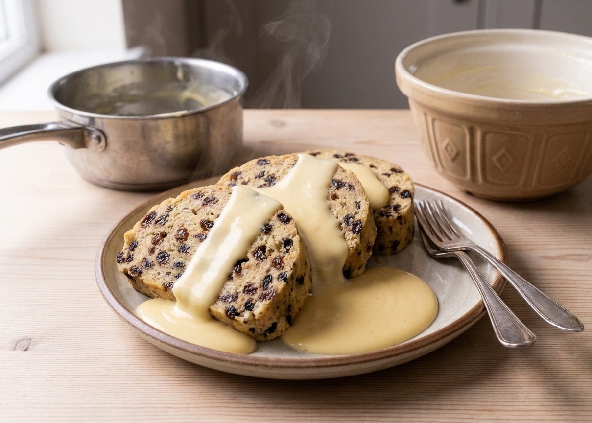 A warm slice of spotted dick steamed pudding on a white plate with vanilla custard poured over, set on a cozy kitchen table with soft natural light
