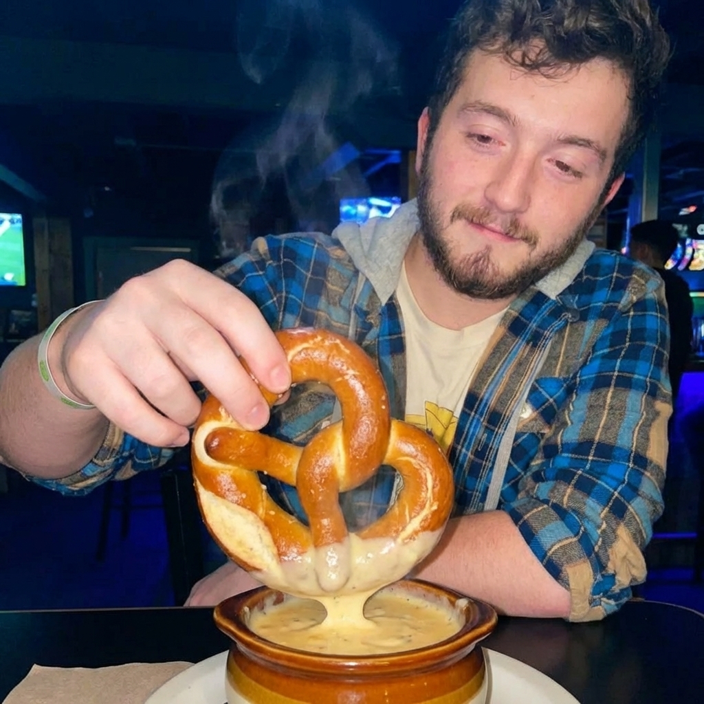 A warm sourdough soft pretzel being dipped into a bowl of creamy beer cheese