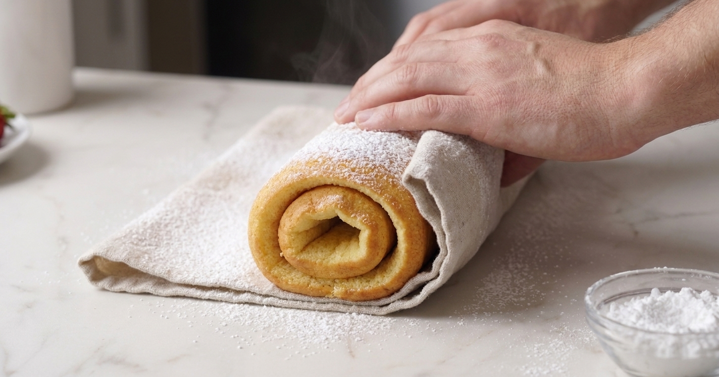 A warm sponge cake being rolled from the short end with a powdered sugar dusted towel to form a tight spiral