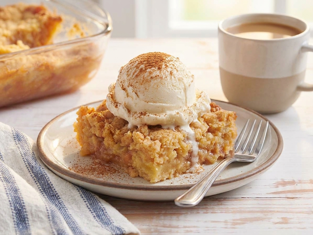 A warm square of apple dump cake on a dessert plate with vanilla ice cream and cinnamon sprinkled on top, set on a cozy kitchen table