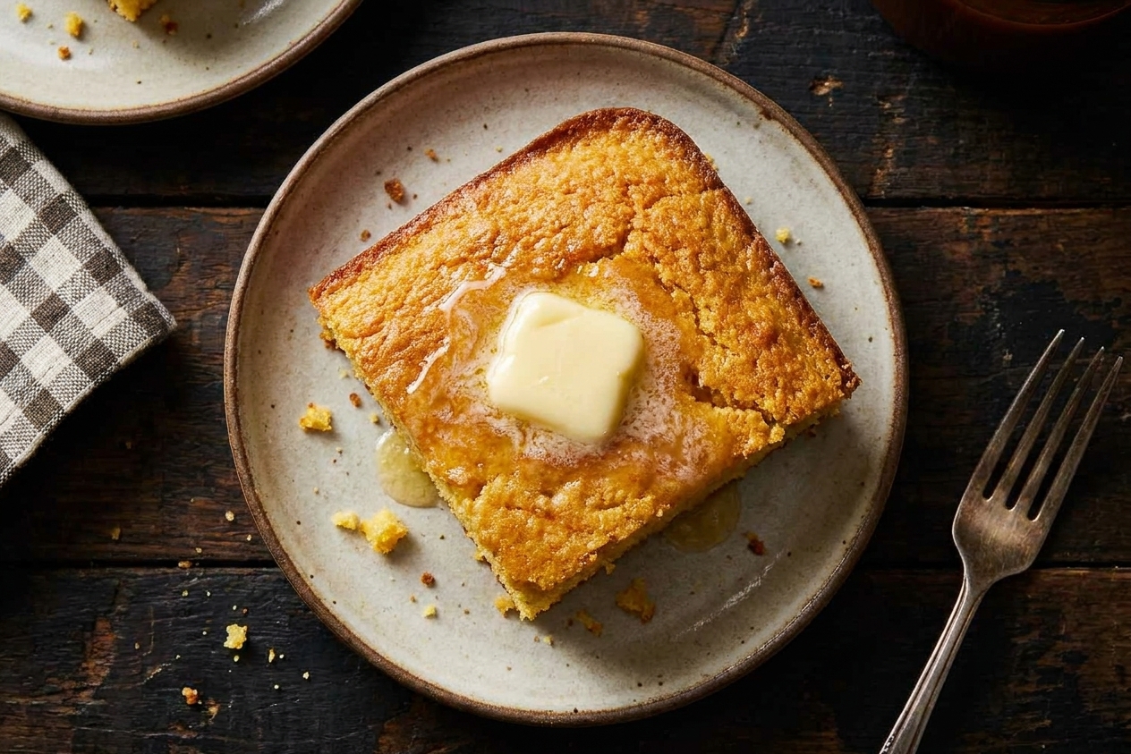 A warm square of corn bread on a plate with a pat of butter melting on top, crumbs on the plate, cozy kitchen table setting
