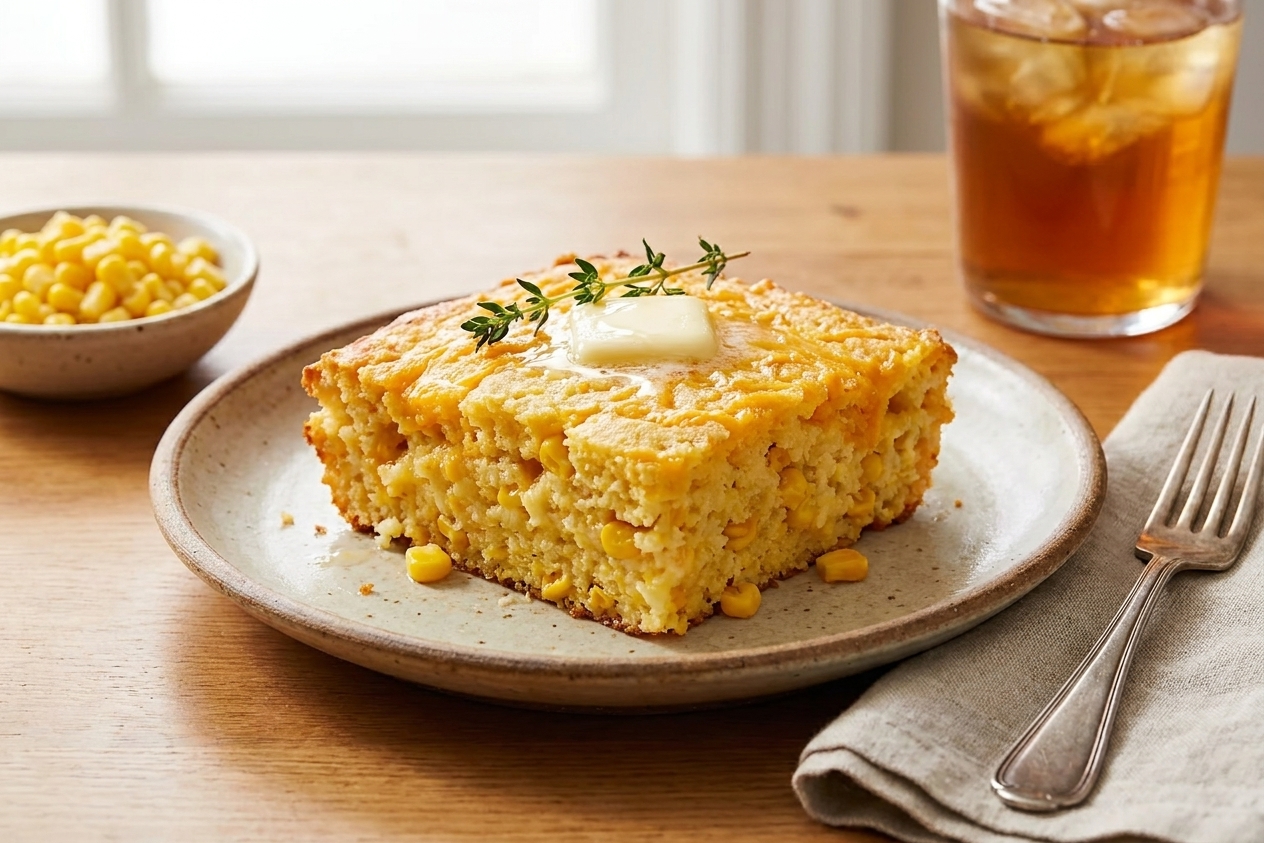 A warm square of cornbread casserole on a plate with visible corn kernels and melted cheddar, served at a simple dinner table setting