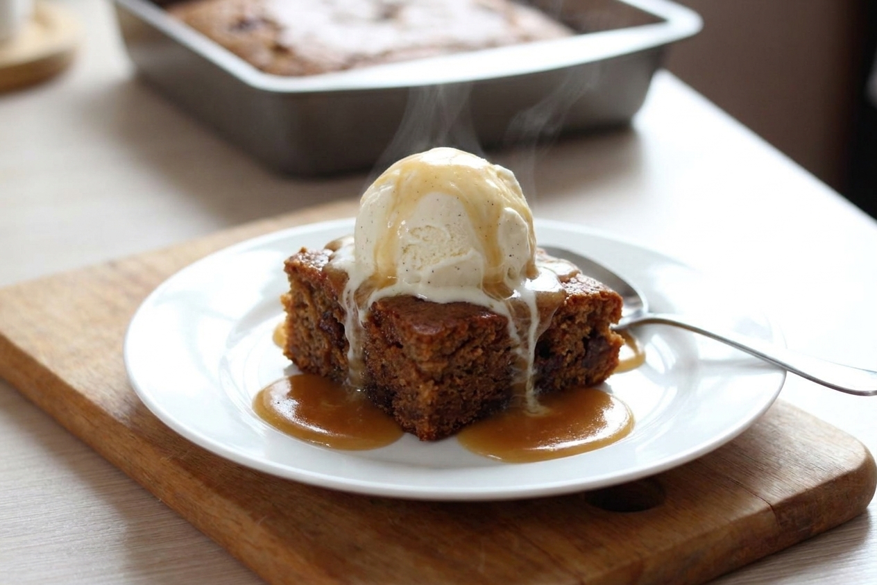 A warm square of sticky date pudding served with a scoop of vanilla ice cream and extra toffee sauce pooling on the plate