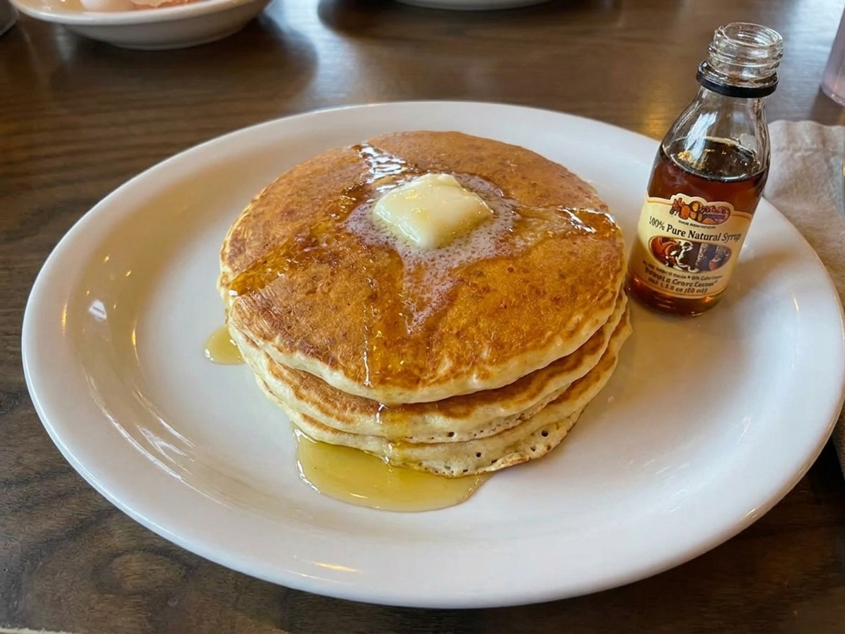 A warm stack of buttermilk pancakes on a plate with butter melting on top and a small pitcher of syrup nearby on a breakfast table