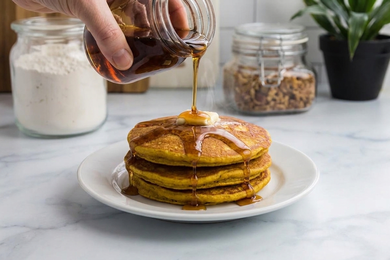 A warm stack of pancakes on a plate with maple syrup being poured over the top on a kitchen table