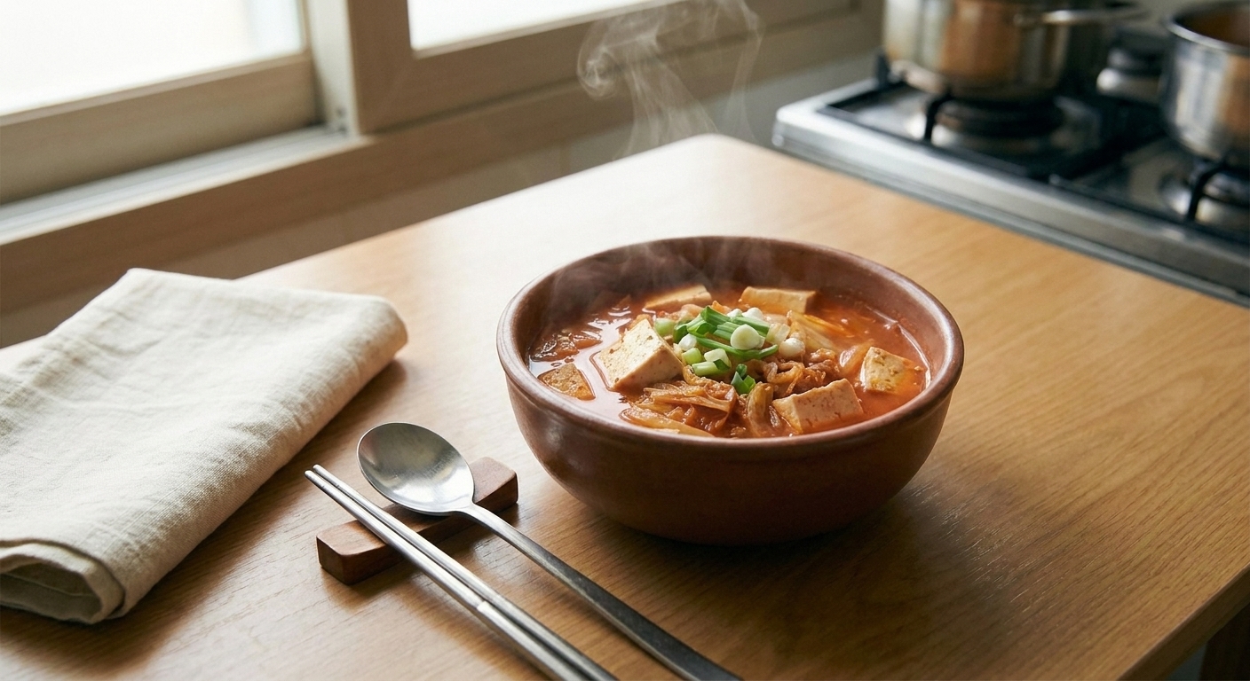 A warm table setting with a bowl of kimchi soup, chopsticks, spoon, and a folded napkin on a wooden table under soft kitchen lighting