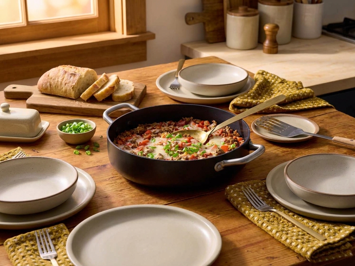 A warm table setting with the skillet of ground meat and rice in the center, serving spoons nearby, ready for a family-style meal
