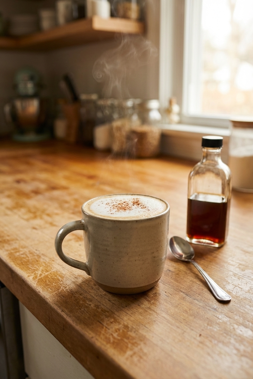A warm vanilla latte in a mug on a kitchen counter