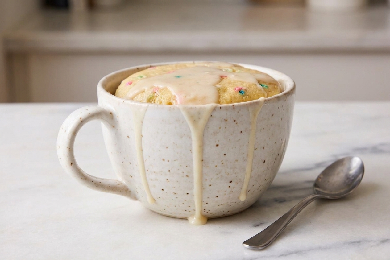 A warm vanilla mug cake in a white ceramic mug with a light vanilla glaze dripping over the top, set on a neutral kitchen counter with a spoon beside it
