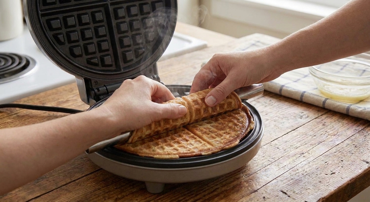 A warm waffle cone round being rolled around a cone roller to form a cone