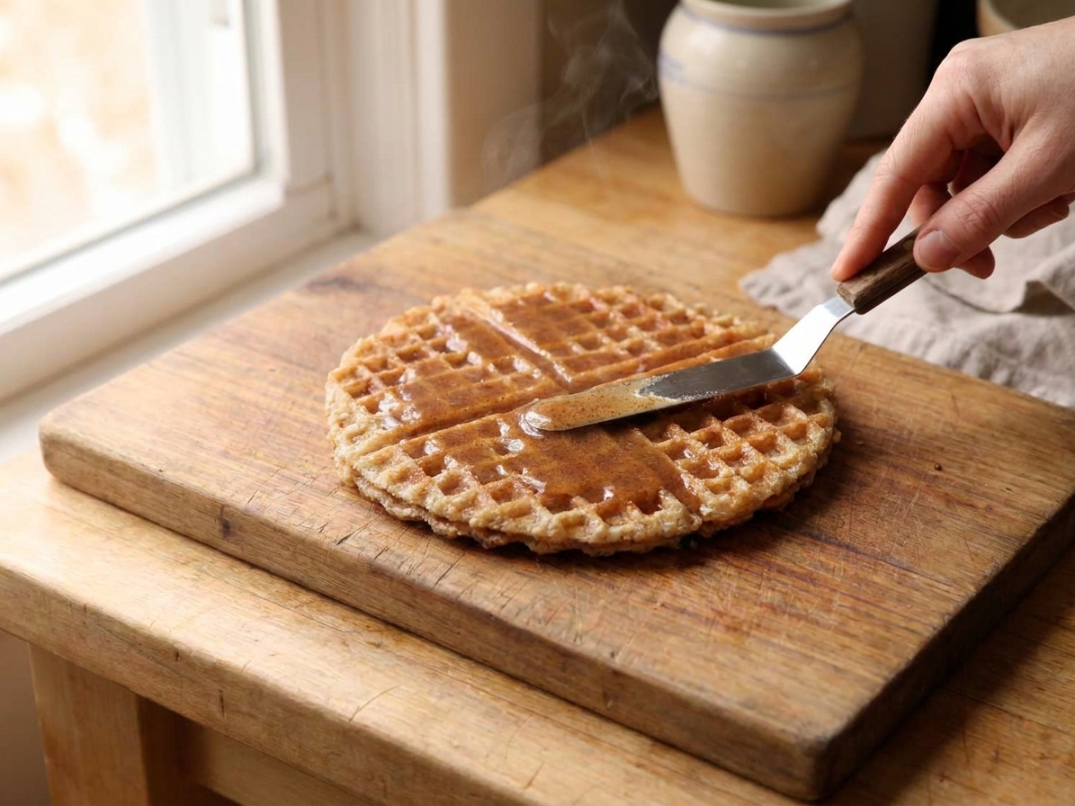 A warm waffle half on a cutting board with cinnamon syrup being spread in an even layer using an offset spatula
