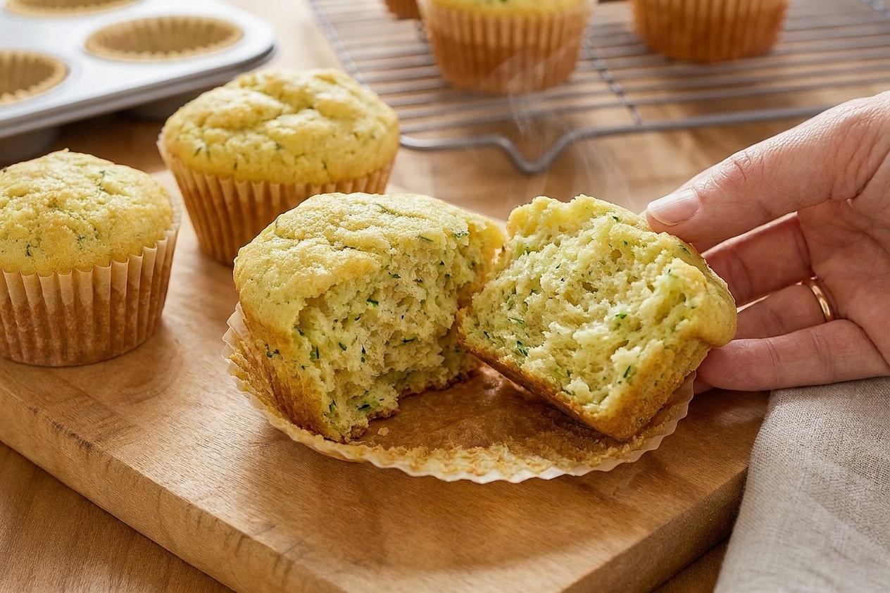 A warm zucchini muffin broken in half to show a moist, tender crumb with green zucchini flecks and cinnamon color