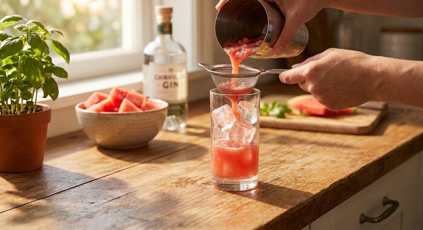 A watermelon cocktail being strained through a fine-mesh strainer into a tall ice-filled glass on a kitchen counter