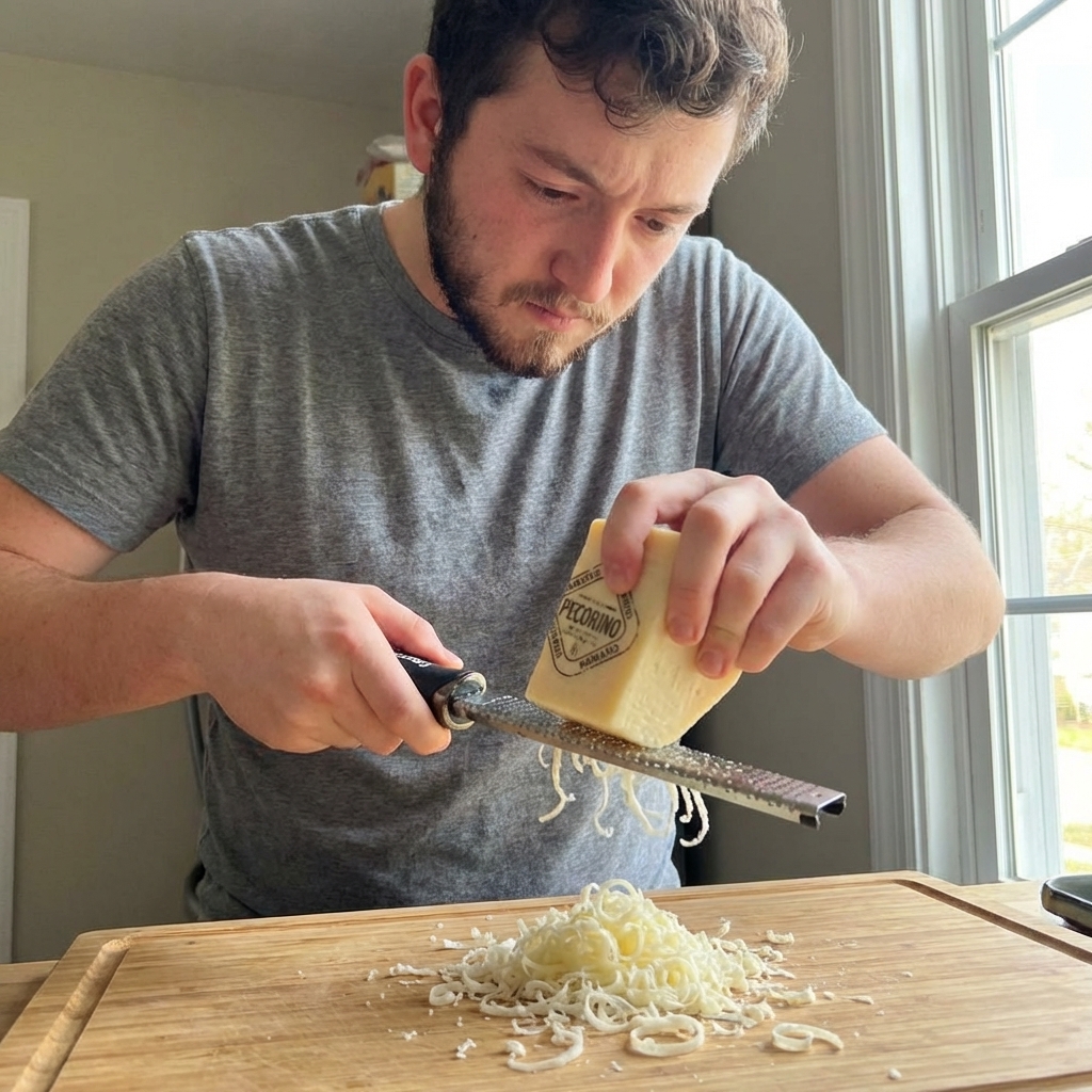 A wedge of Pecorino Romano being grated on a microplane over a cutting board, with curls of cheese collecting below