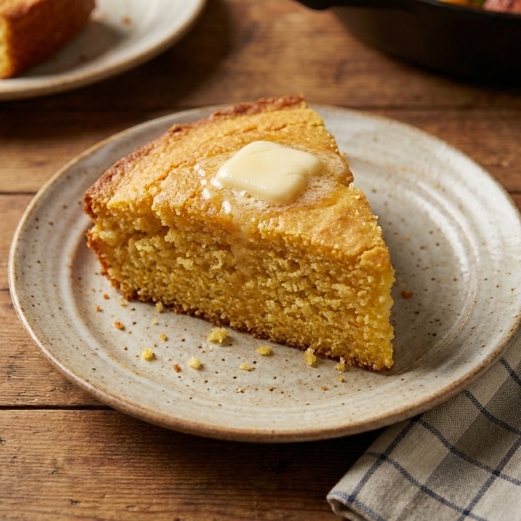 A wedge of golden buttermilk cornbread on a plate