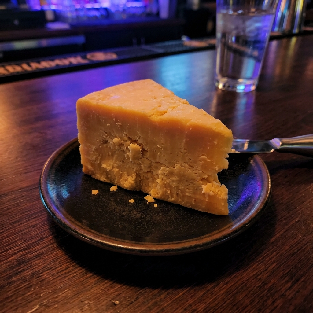 A wedge of sharp cheddar cheese on a small plate