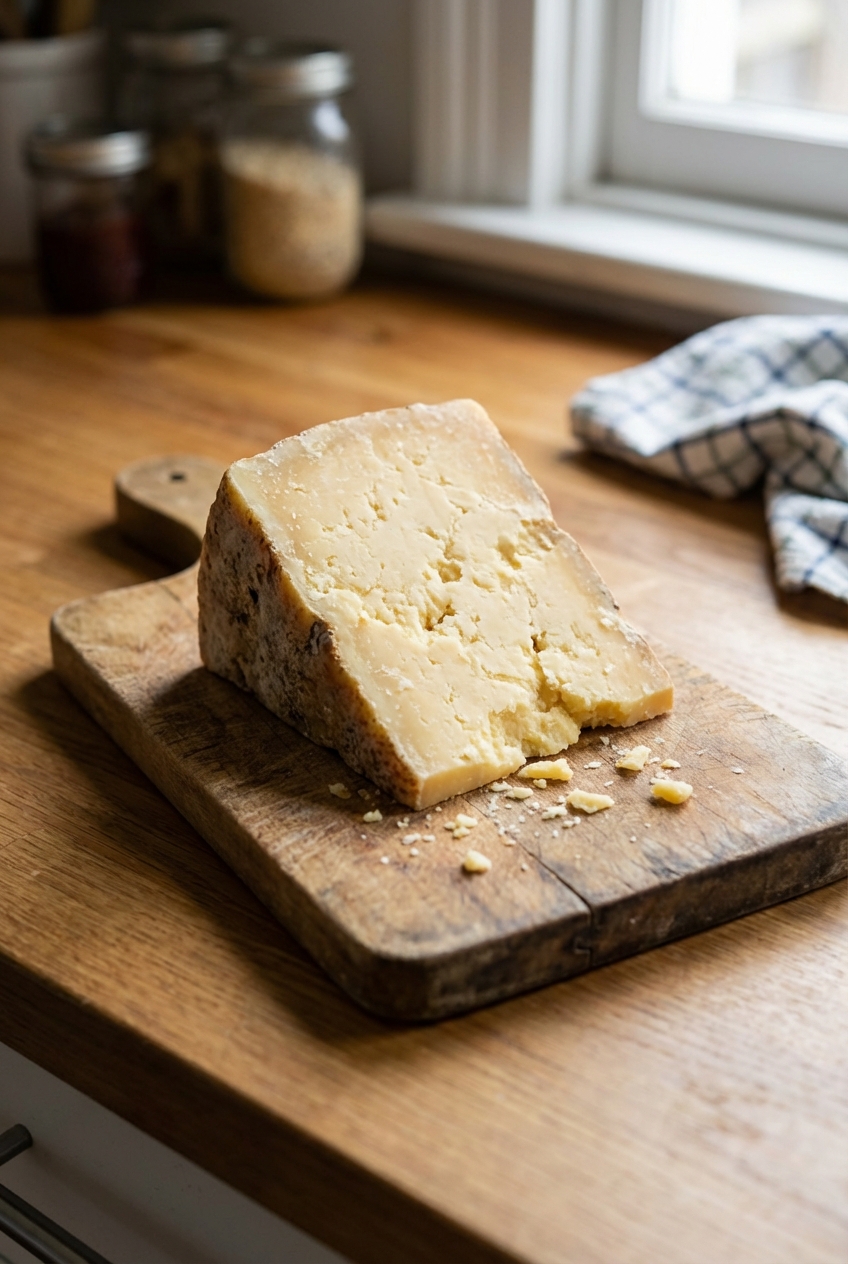 A wedge of sharp cheddar cheese on a small wooden board