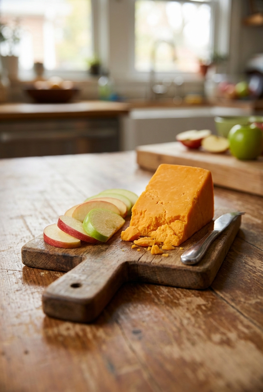 A wedge of sharp cheddar with apple slices on a small wooden cheese board