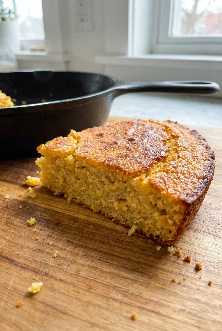 A wedge of skillet cornbread with a golden crust