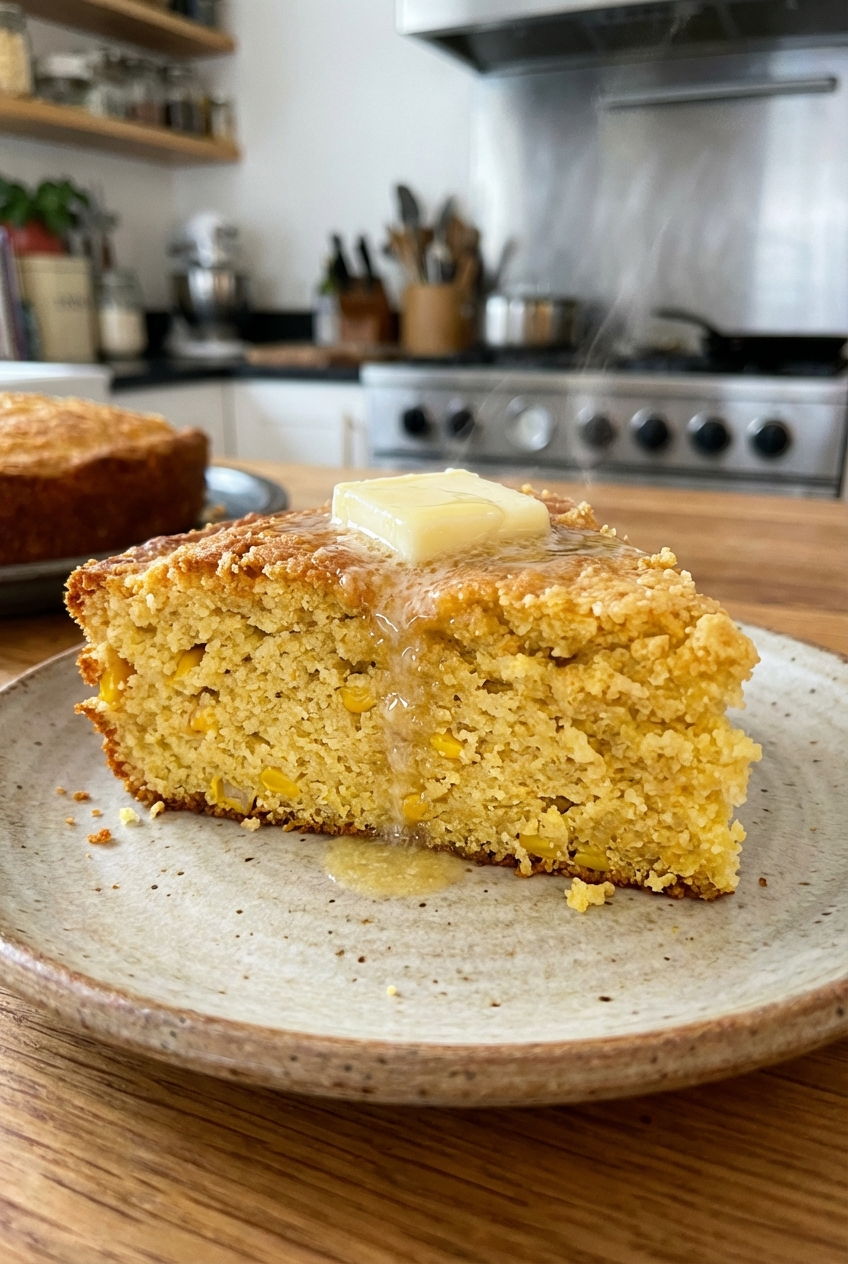 A wedge of warm cornbread on a plate with a pat of butter melting
