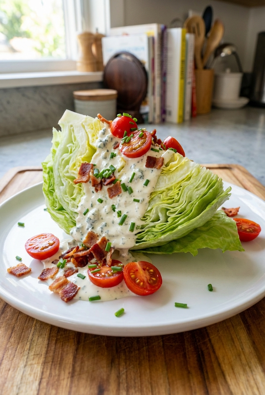 A wedge salad with crisp lettuce, tomatoes, and creamy dressing