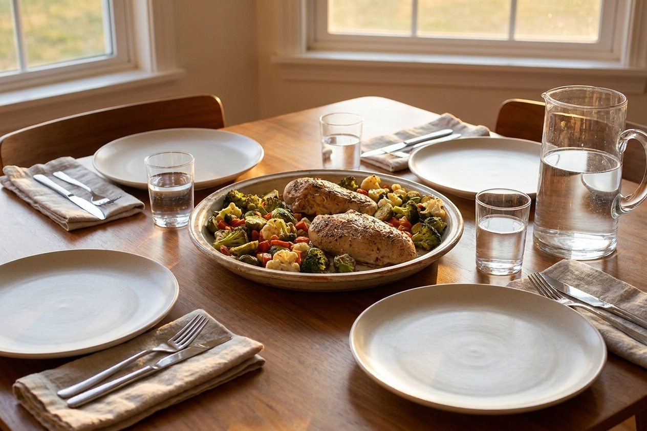 A weeknight dinner table set with simple plates, water glasses, and a serving platter ready for a casual family meal in warm evening light
