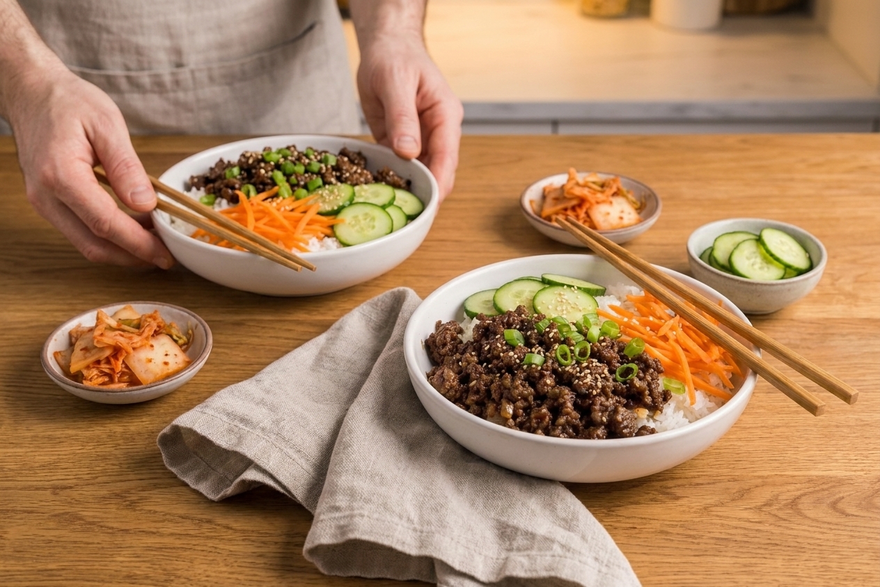 A weeknight dinner table setting with two Korean beef bowls, chopsticks, small ramekins of kimchi and cucumbers, and a simple linen napkin under warm kitchen lighting