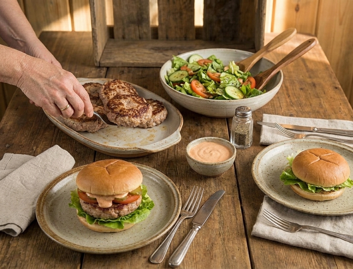 A weeknight dinner table with turkey burgers, a simple salad, and a serving platter in warm kitchen lighting