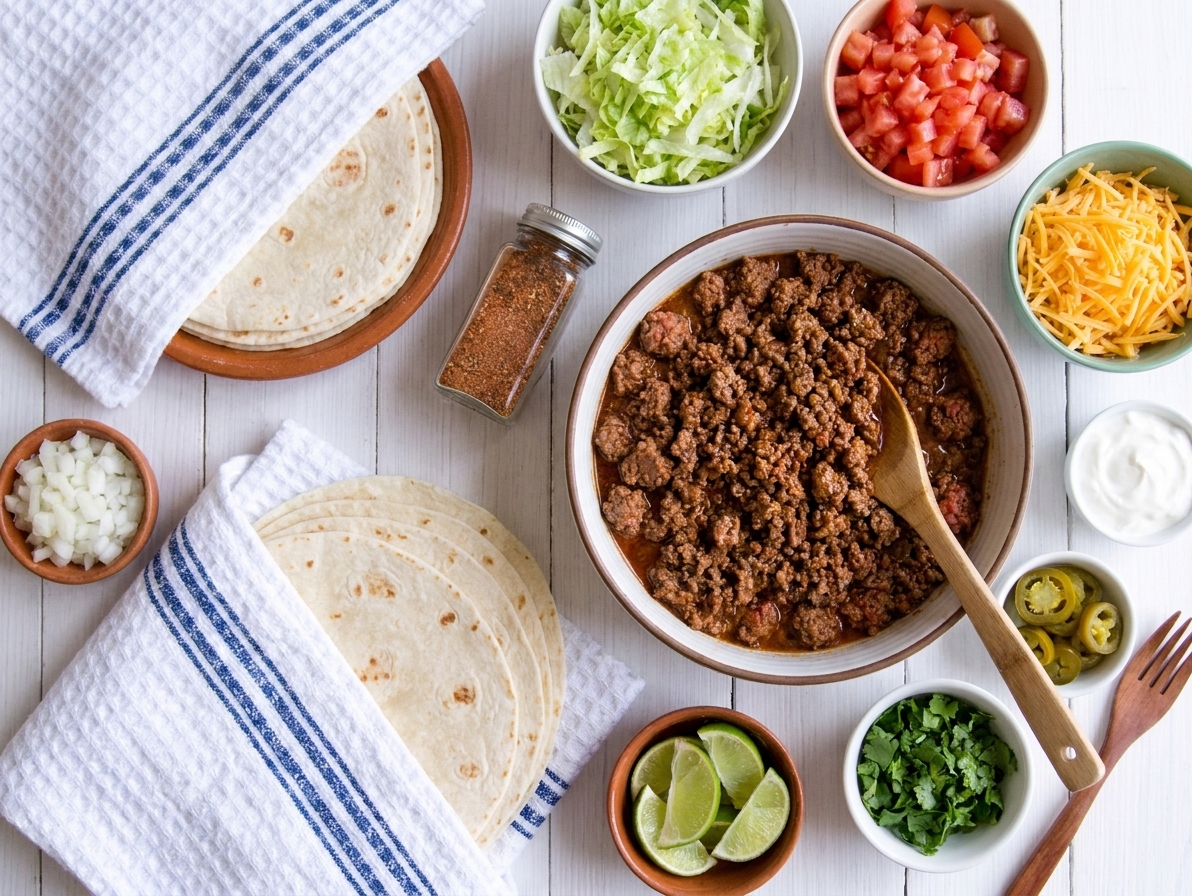 A weeknight taco setup with a bowl of taco meat, warm tortillas, and small bowls of toppings on a family dinner table