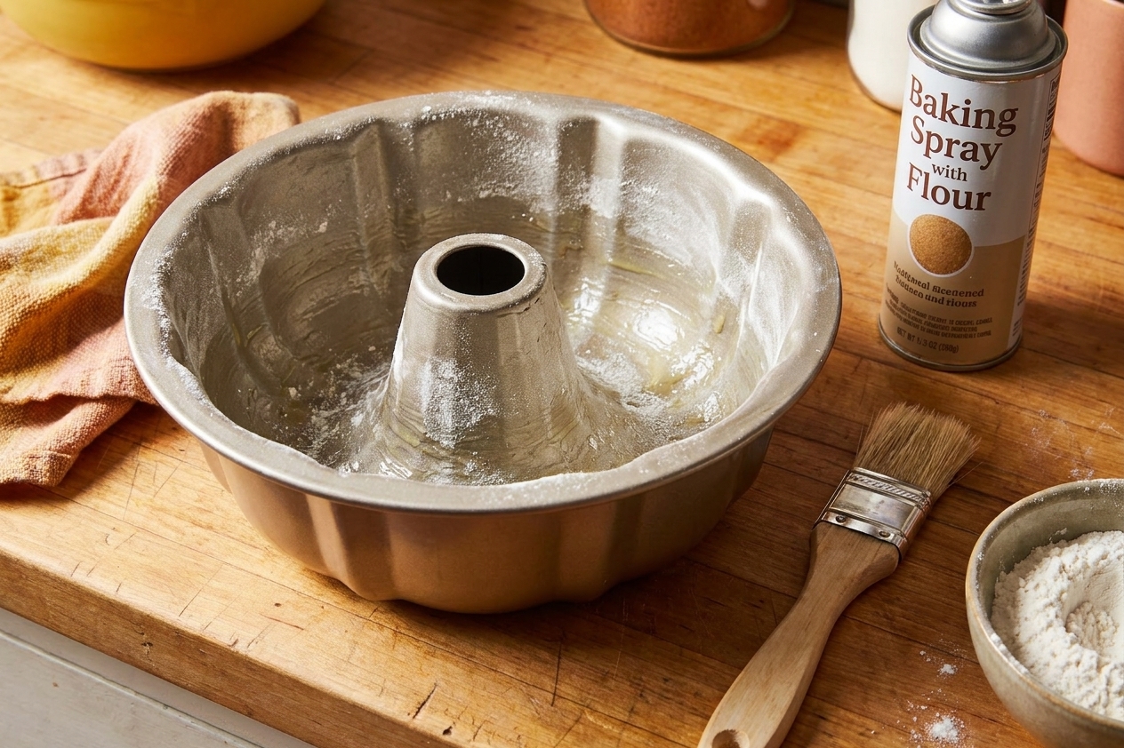 A well-greased bundt pan on a kitchen counter next to a pastry brush and a can of baking spray with flour