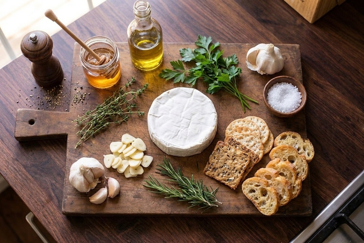 A wheel of Brie, garlic, fresh herbs, honey, olive oil, salt, pepper, and crackers arranged on a wooden cutting board on a home kitchen counter