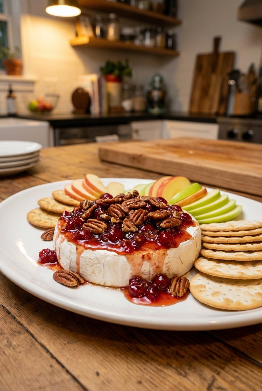 A wheel of baked Brie on a white platter, topped with glossy cranberry hot honey and toasted pecans, with crackers and apple slices nearby