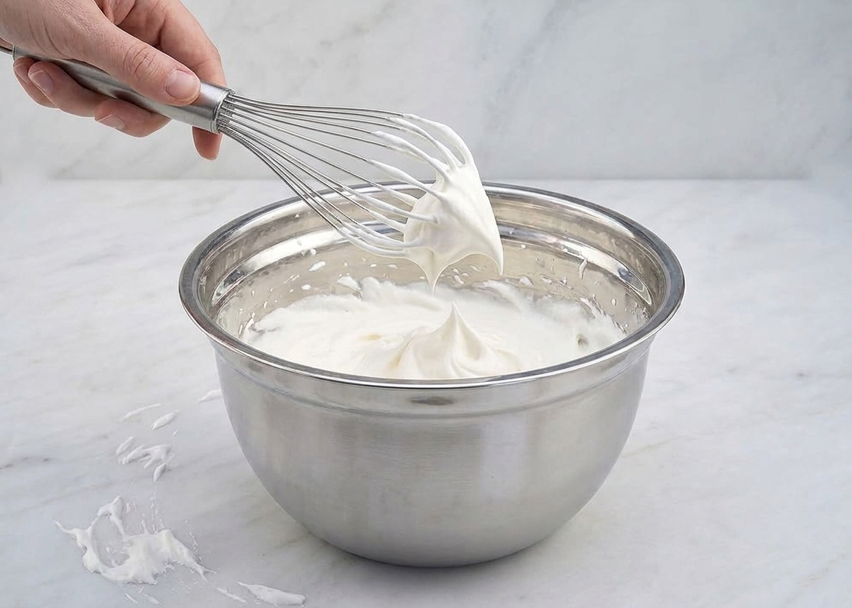 A whisk being lifted from a bowl of whipped cream showing soft peaks forming and gently drooping