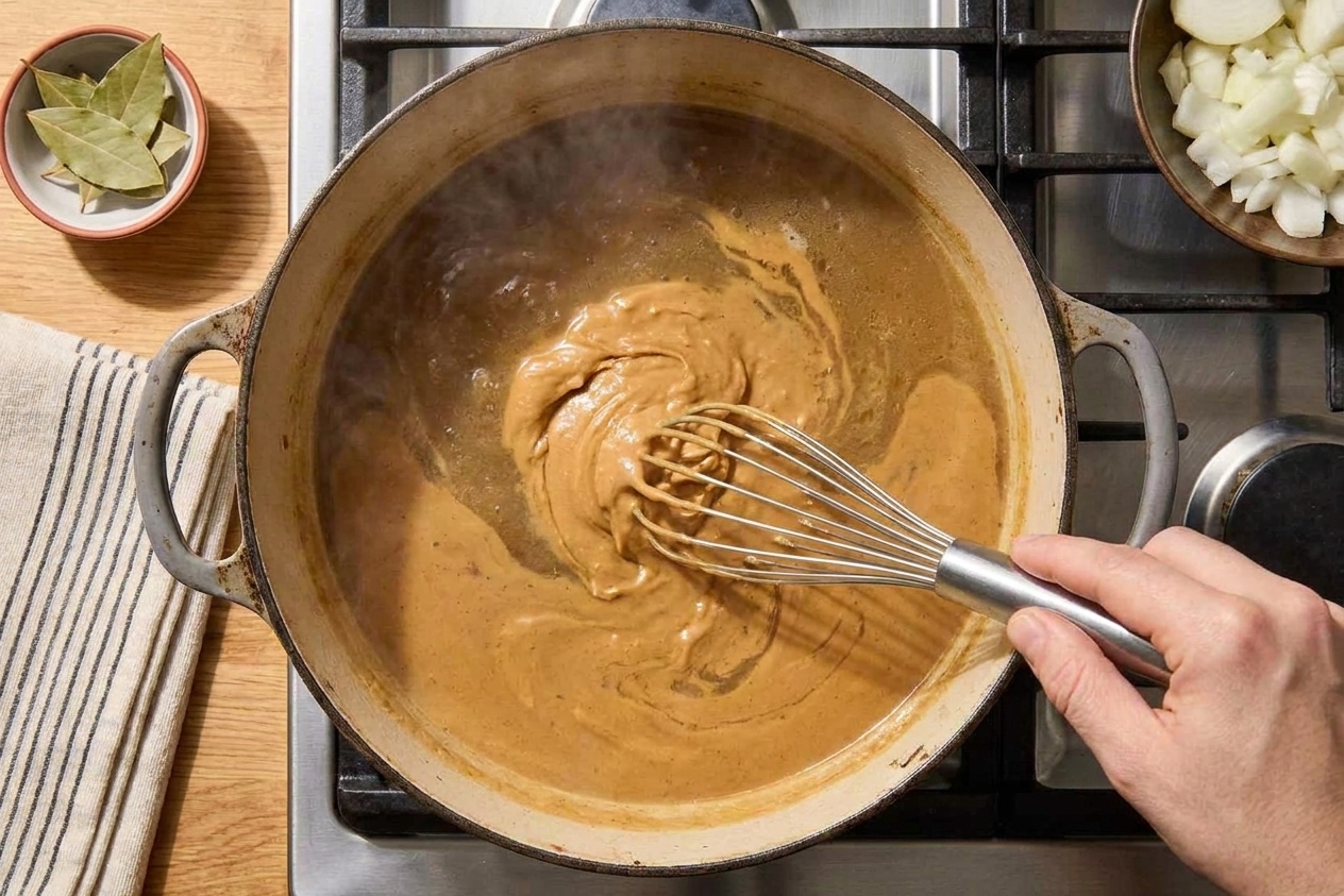 A whisk blending creamy peanut butter into simmering broth until the sauce turns smooth and tan-colored