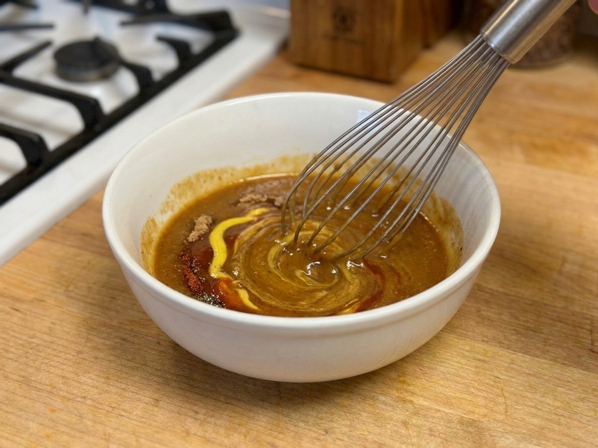 A whisk blending mustard and vinegar into a smooth Carolina BBQ sauce in a ceramic bowl on a wooden counter