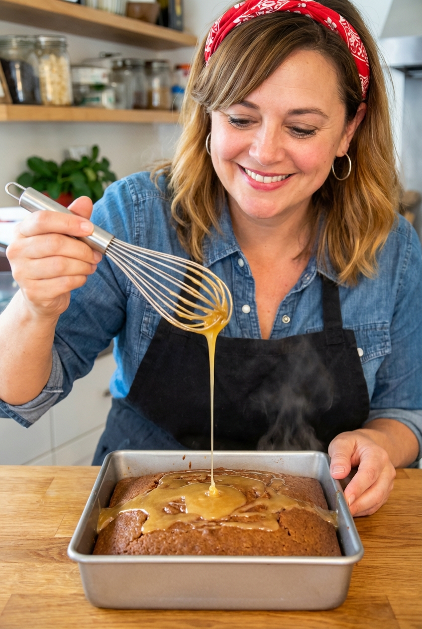 A whisk drizzling maple glaze over a warm spiced cake in a square pan